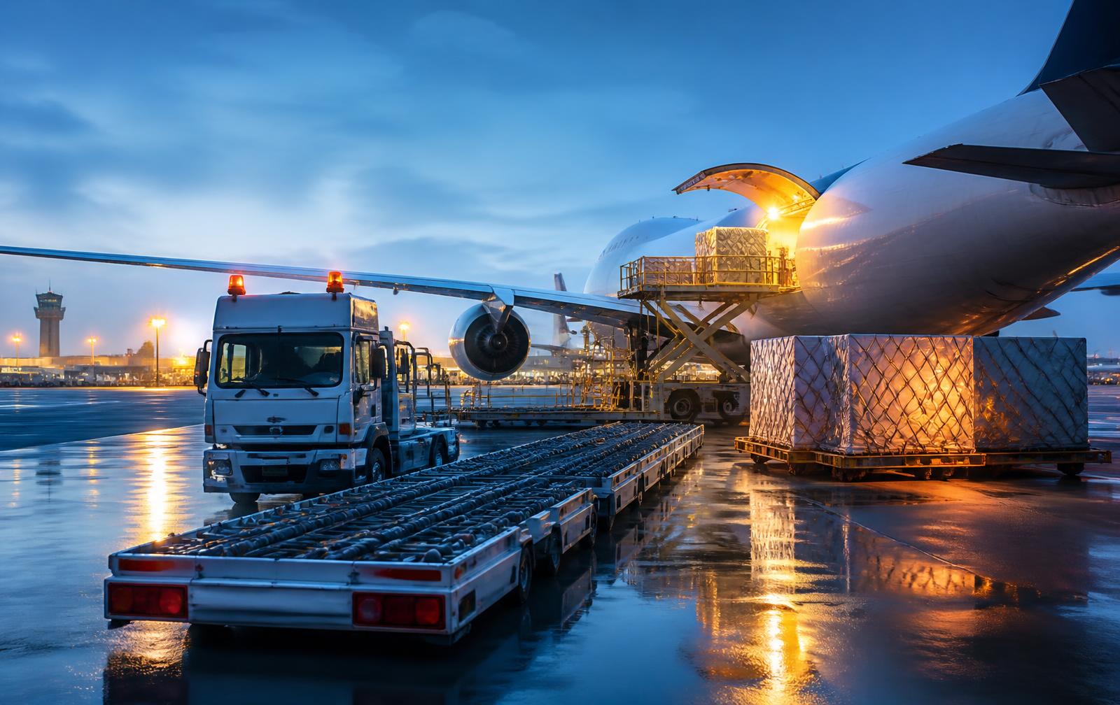 Luftfracht-LKW und Frachtflugzeug am Frankfurter Flughafen bei Sonnenaufgang